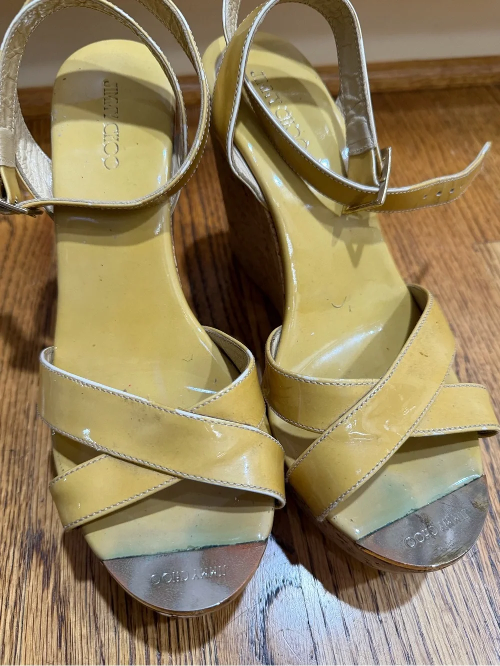 Jimmy Choo Yellow/Tan Patent Cork Wedge Sandals Sz 39